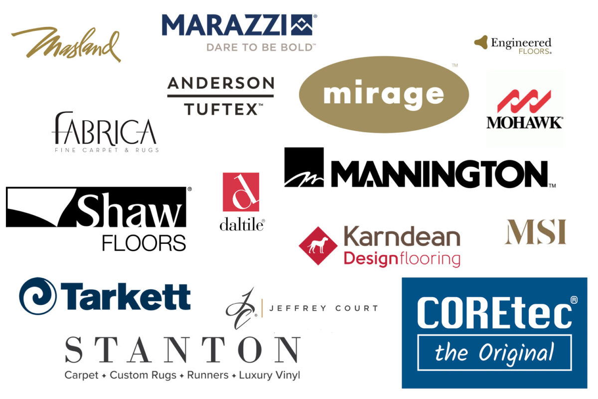 Logos of trusted flooring manufacturers curated by Curated Flooring for in-home flooring consultations.