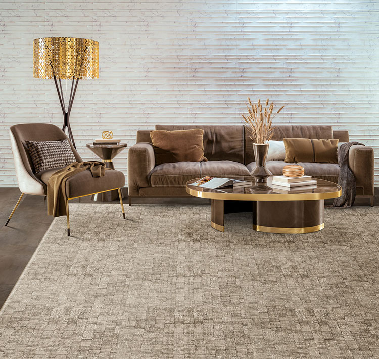 Neutral textured area rug in a modern living room with gold-accent furniture and soft contemporary decor