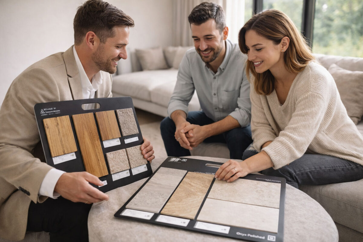 Flooring consultant reviewing real wood and tile sample boards with a couple during an in-home flooring consultation.