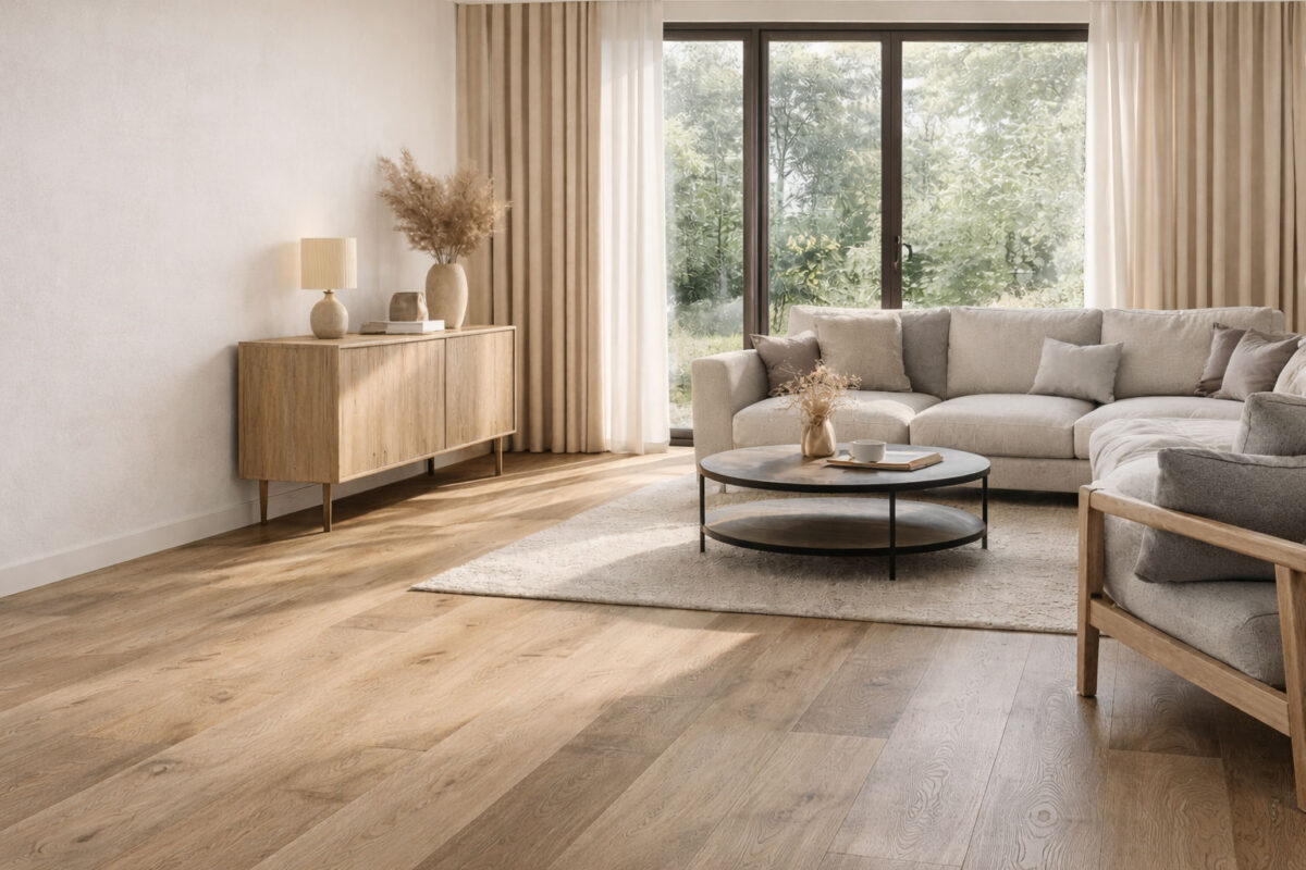Bright, modern living room with wide plank oak flooring and soft white fade on the left, showcasing an elegant in-home flooring design.